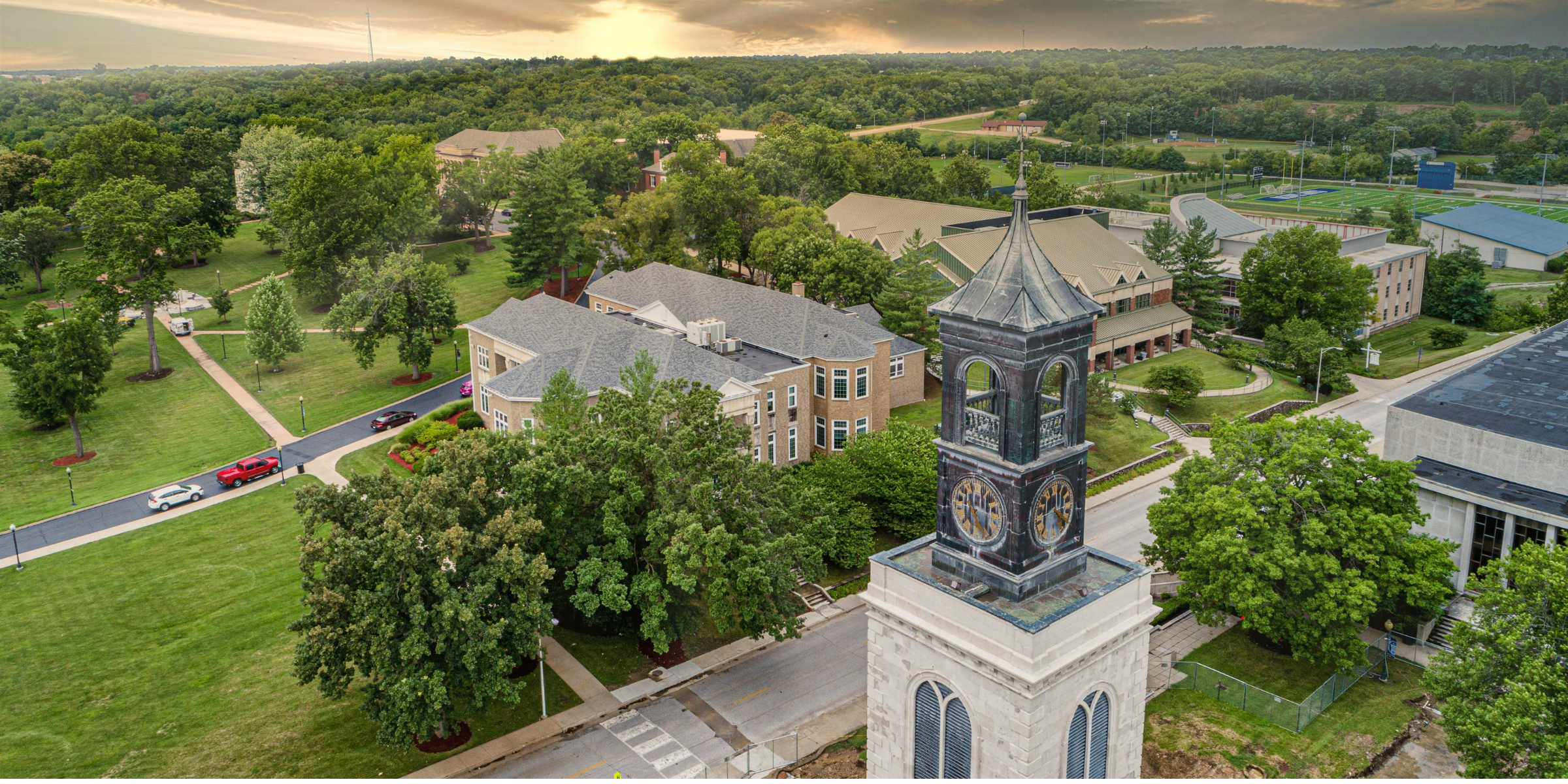 Drone Shot of a University focusing on a bell tower