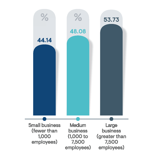 Average % of PAM capabilitiesorgs have rolled out in org, segmented by business size