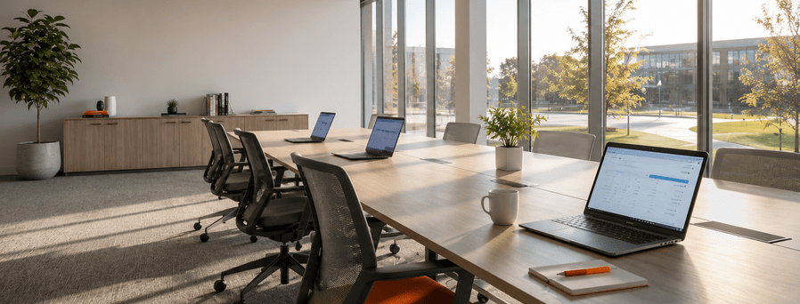 Clean, minimal conference room. Floor-to-ceiling windows with morning light — the time concept lands naturally without a clock. Active laptops with plausible dashboard UI visible on the nearest screen.