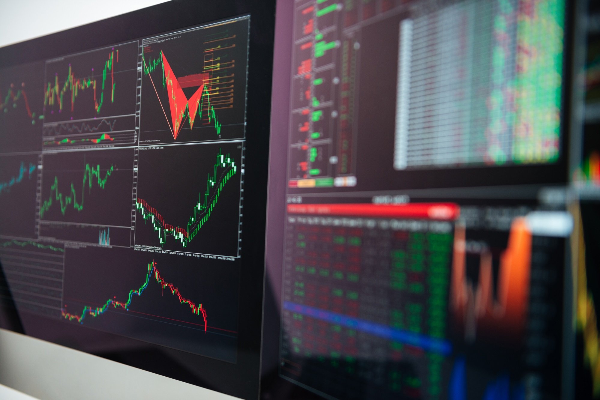 Two computer screens showing finance data